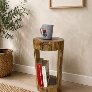 Rustic Oak Log Side Table | Handmade Wooden Accent Table | Natural Book Storage Stand