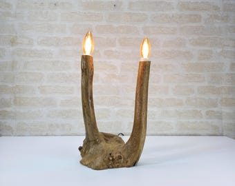 Rustic Oak Branch Table Lamp: Unique Wood Sculpture Lighting