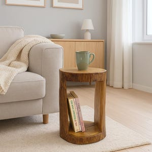 Puede incluir: Una pequeña mesa auxiliar redonda de madera con acabado natural. Una taza verde está encima, y dos libros son visibles en el estante abierto. La mesa está colocada sobre una alfombra de color claro en un salón. Dos obras de arte enmarcadas cuelgan de la pared.
