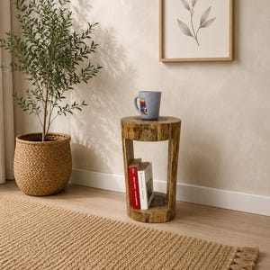 Rustic Oak Log Side Table | Handmade Wooden Accent Table | Natural Book Storage Stand