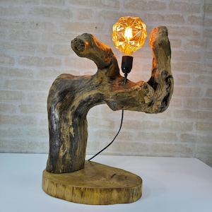 Sculptural Table Lamp – Natural Carved Sycamore & Oak Base – Handmade Organic Rustic Light Fixture