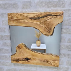 Rustic Olive Wood Asymmetrical Mirror, Live Edge Mirror, Wooden Frame Decorative Wall Hanging Mirror, Farmhouse Mirror, Log Cabin Decor