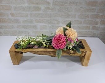 Rustic Oak Log Centerpiece: Live Edge Wood Floral Display
