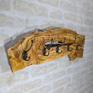 Handmade Olive Wood Coat Rack with Bronze Hooks - Rustic Entryway Organizer