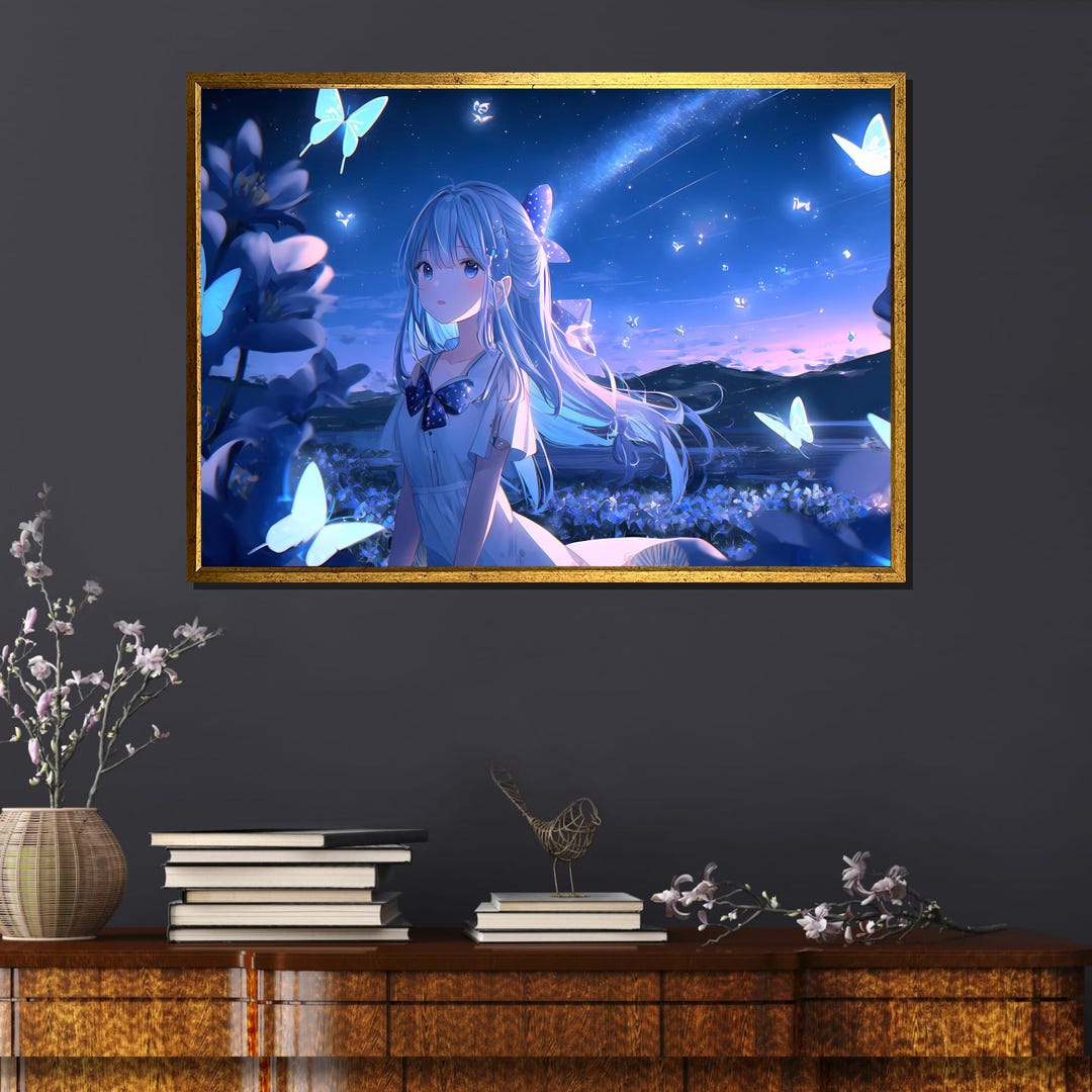 Anime Girl Wall Art, Anime Poster With Glitter Butterfly, Anime ...