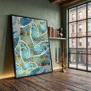 Abstract fractal wervelt canvas, blauwgouden geometrische kunst, moderne woonkamerdecoratie