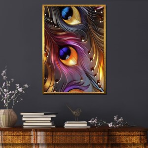 Póster de arte abstracto con plumas de pavo real, decoración de pared en vibrantes tonos dorados y morados, impresión moderna y lujosa, estilo contemporáneo, varios tamaños
