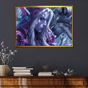 Fantasy Wandkunst Druck - Elfe und edler Wolf im verwunschenen Wald, Gothic Purple Decor, RPG Gaming Room, nördliche Mythologie Digital Art