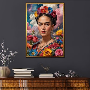 Ritratto vibrante ispirato a Frida Kahlo - Stampa artistica con copricapo floreale colorato, decorazione da parete con donna iconica, estetica artistica femminista
