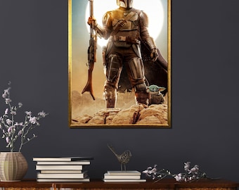 Lámina artística de El Mandaloriano y Grogu / Decoración de ciencia ficción de Star Wars