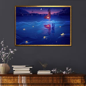 Moonlit Ocean Art Print: Girl with Lantern, Starry Night Coastal Decor