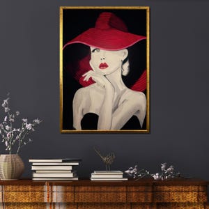 Striking Woman with Red Hat Painting, Large Canvas Wall Art, Glamorous Fashion Decor Elegant Lady in Red Hat Art Print