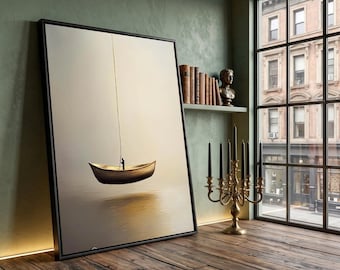 Surreal Floating Boat Canvas Art, Minimalist Nautical Wall Decor, Modern Abstract Scene