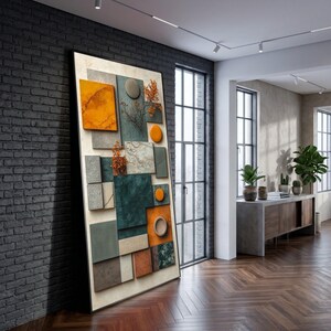 Quadro astratto geometrico su tela con texture effetto marmo, opera d'arte moderna dalle forme miste, decorazione per la casa, arazzo contemporaneo.