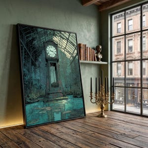 May include: Framed artwork depicting a vintage clock tower in a surreal, overgrown setting. The artwork features a dark color palette with teal and green tones, and is displayed on a wooden floor. A gold candelabra and books are also visible.