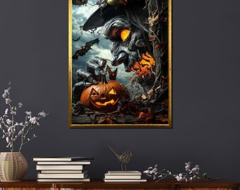 Impression d'art sorcière gothique et citrouille : décoration d'Halloween sombre