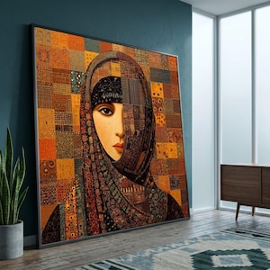 Ritratto di donna mistica su tela, arte patchwork etnica, decorazione murale boho, design tessile astratto, arte murale moderna su tela per la casa