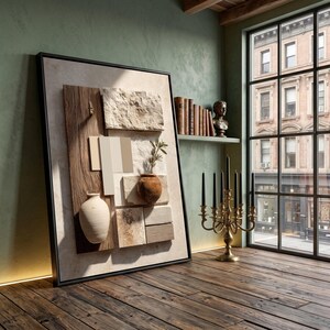 Rustic Earth Tone Canvas Art, Stone Wood Clay Pot Still Life, Neutral Home Decoration