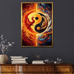 Yin Yang Dragon Phoenix Art, Feng Shui Wall Decor, Spiritual Canvas Print, Asian Mystical Art, Chinese Artwork, Balanced Life Wall Art,