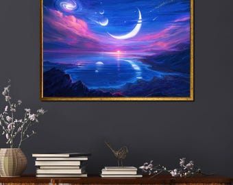 Planetary Landscape Art Print: Purple Pink Sky, Half Moon