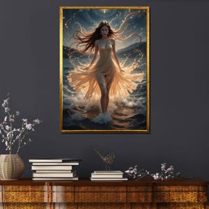 Mythologisches Kunst Poster, Darstellung Aphrodite, die aus dem Meer steigt Verträumte Atmosphäre mit Sternenhimmel und Berglandschaft Canvas Art