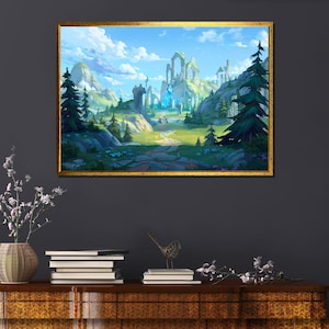 Surreal Moon Waterfall Canvas Art: Enchanting Canyon Landscape