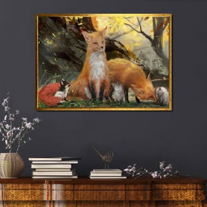 Poster artistico con famiglia di volpi, decorazione da parete con animali della natura, stampa della foresta autunnale, illustrazione di mamma e papà cuccioli, alta qualità, varie dimensioni
