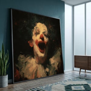 May include: Large framed painting of a clown with a wide open mouth, red nose, and white face paint. The artwork has a dark background and a vintage, oil painting style. The clown's expression is intense.