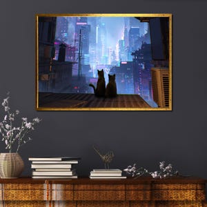 Lámina artística de gatos urbanos ciberpunk / Paisaje urbano neón de Tokio / Decoración de pared futurista / Estética anime de ciencia ficción / Regalo para amantes de los gatos