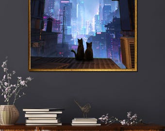 Cyberpunk City Cats Art Print: Neon Tokyo Sci-Fi Wall Decor