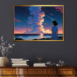 Impresión artística de anime con puesta de sol en la playa / Paisaje oceánico con estrellas / Decoración de pared costera de ensueño / Cielo vibrante y chica observando una lluvia de meteoritos