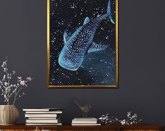 Celestial Whale Shark Wall Art - Cosmic Ocean Oil Painting Style - Dreamy Nautical Decor - Starry Night Sea Creature Poster