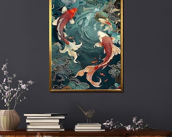 Väggkonst med japansk koifisk, målning med yin och yang-karp, zen-heminredningsaffisch, orientalisk mytologi, röd och vit koi-konst.