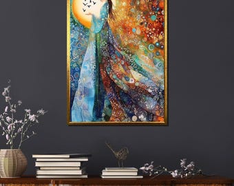 Bohemian Celestial Woman Wall Art - Moon & Stars Mosaic Print - Whimsical Goddess Poster - Colorful Eclectic Home Decor