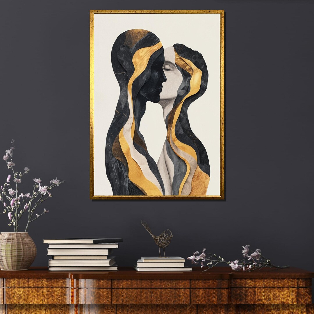 Abstract Intimate Connection Frame Abstract Intimate Figures Artwork – Surreal Golden Connection Art Print ...
