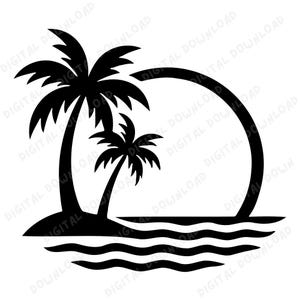 Palm Tree Beach Sunset SVG PNG | Tropical Summer Silhouette | Island Vacation Clipart for Cricut & Sublimation | Ocean Cut File