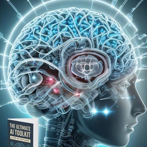 Peut inclure: Une illustration numérique d'un cerveau humain avec des lignes bleues et blanches brillantes, entouré d'une auréole de lumière. Le cerveau est partiellement transparent, révélant les structures internes. Un livre intitulé "The Ultimate AI Toolkit: A Step-by-Step Guide" est visible au premier plan.