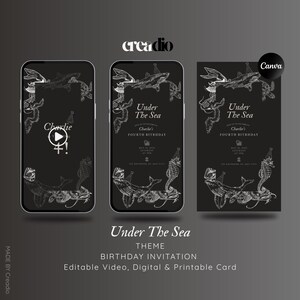 Birthday Invitation Canva Template, Editable Video, Printable & Digital Card, Under the Sea, Black Blue Colorful Theme
