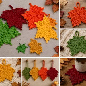 Op de afbeelding: Een collectie gehaakte esdoornblad-items in rood, oranje, geel en groen. De set bevat bladvormige onderzetters in verschillende maten, hangende ornamenten met lussen en een paar oorbellen, allemaal voorzien van gedetailleerd textuurstikwerk.