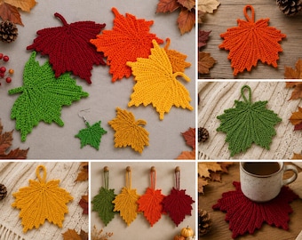 Crochet Fall Leaf Coaster Pattern PDF, Autumn Maple Leaf Crochet Pattern, Hanging Leaf Decor, Mug Rug, Thanksgiving Crochet Decoration