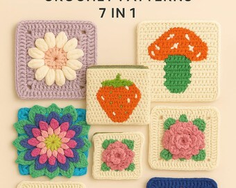 Crochet Flower & Motif Squares Pattern Bundle: 7 PDF Patterns (Instant Download)