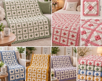 Crochet Flower Blanket Pattern PDF, Puff Stitch Granny Square Blanket, 3D Floral Baby Blanket Pattern, Crochet Motif Throw, Textured Afghan