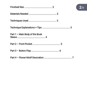 May include: Table of contents for a sewing project titled "Thread Whimsy". The table of contents lists the steps for making a book-shaped bag, including the main body of the book, the sleeve, the front pocket, the button flap, and the flower motif decoration.