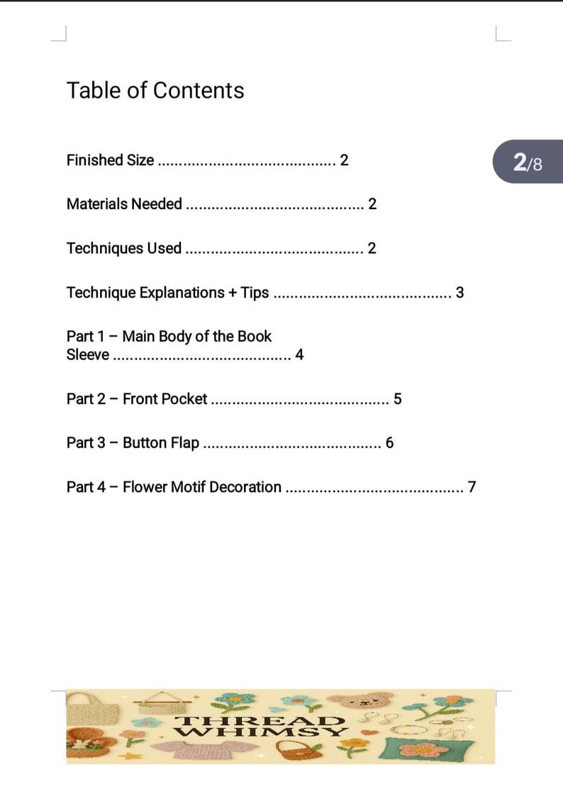 May include: Table of contents for a sewing project titled "Thread Whimsy". The table of contents lists the steps for making a book-shaped bag, including the main body of the book, the sleeve, the front pocket, the button flap, and the flower motif decoration.