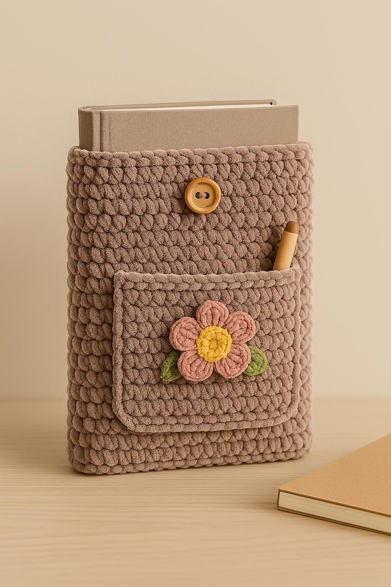Crochet Book Sleeve Pattern: Velvet Yarn with Pocket & Flower (PDF Pattern)