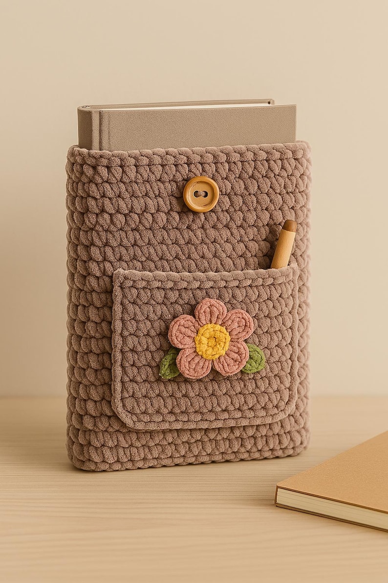 May include: A brown crocheted book sleeve with a flower design and a wooden button. The sleeve has a pocket for a pen or pencil.