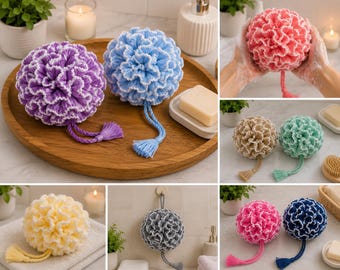 Crochet Bath Pouf Pattern PDF, Ruffled Shower Scrubby Crochet Pattern, Pompom Bath Sponge, Flower Loofah Pattern, Reusable Spa Scrubber