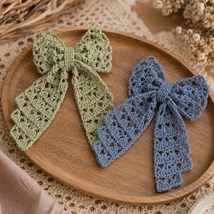 May include: Two handmade crochet hair bows, one in sage green and one in dusty blue. Each bow features an intricate, openwork lace pattern with a central knot and two long, dangling tails that have a stepped, jagged edge design at the bottom ends.