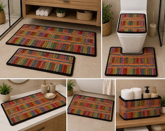 Crochet Bathroom Set Pattern, Bath Mat and Basket Crochet Bundle, Woven Crochet Rug Pattern, Bathroom Organizer Basket PDF, 4 Piece Set