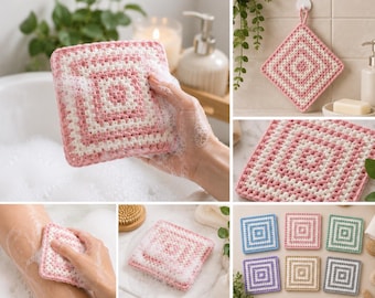 Puff Stitch Bath Scrubby Crochet Pattern PDF, Square Crochet Washcloth Pattern, Textured Bath Cloth, Reusable Shower Scrubber, Easy Crochet